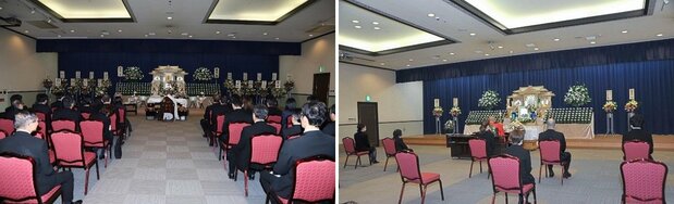 改善“三密”的措施之一：在葬礼会场设置客人之间的安全距离——疫情前后的葬礼会场对比（1）