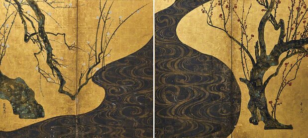 Kōhakubai zu byōbu (Red and White Plum Blossoms), a painting on a folding screen and a national treasure. The artwork is owned by the MOA Museum of Art, which displays it around February each year. (Courtesy MOA Museum of Art)