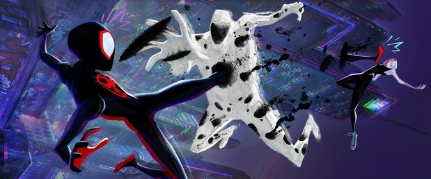 スパイダーマンとスパイダーグウェン、そして悪役ザ・スポット ©2023 CTMG. © & ™ 2023 MARVEL. All Rights Reserved.