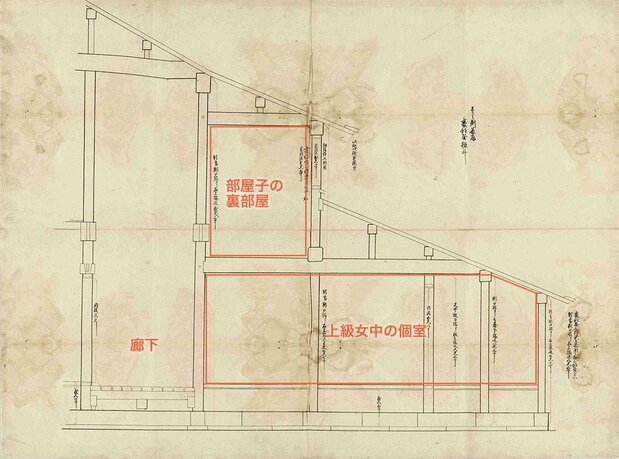 壱之側長局裏部屋矩計。幹部女中の個室の図面。大奥はたびたび造営されたので、いつの時代の図面か正確な年代は不明。東京都立中央図書館特別文庫室所蔵