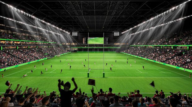 Visuel du nouveau stade de rugby de Chichibunomiya, rebaptisé SMBC Olive Square. (© Mitsui Fudôsan via PR Times)
