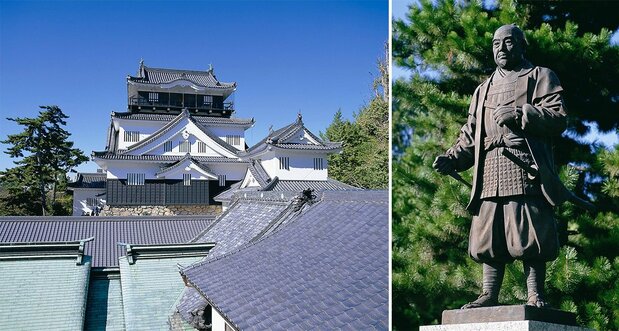 与德川家康有着深厚渊源的爱知县冈崎市。图片为家康出生的冈崎城(左)和冈崎公园内的德川家康铜像(图片提供:冈崎市)