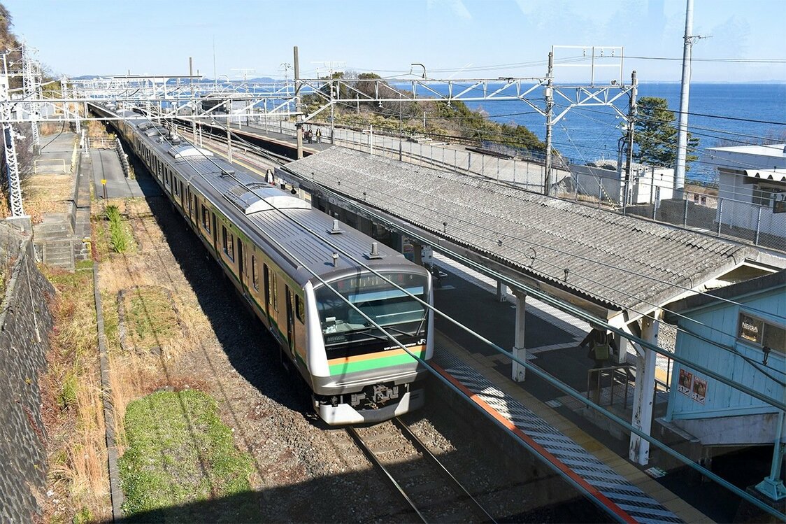 根府川駅構内。左端に旧駅の1番ホームがあった