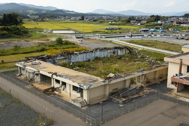 屋根や床板が流された屋内運動場には雑草が生い茂る