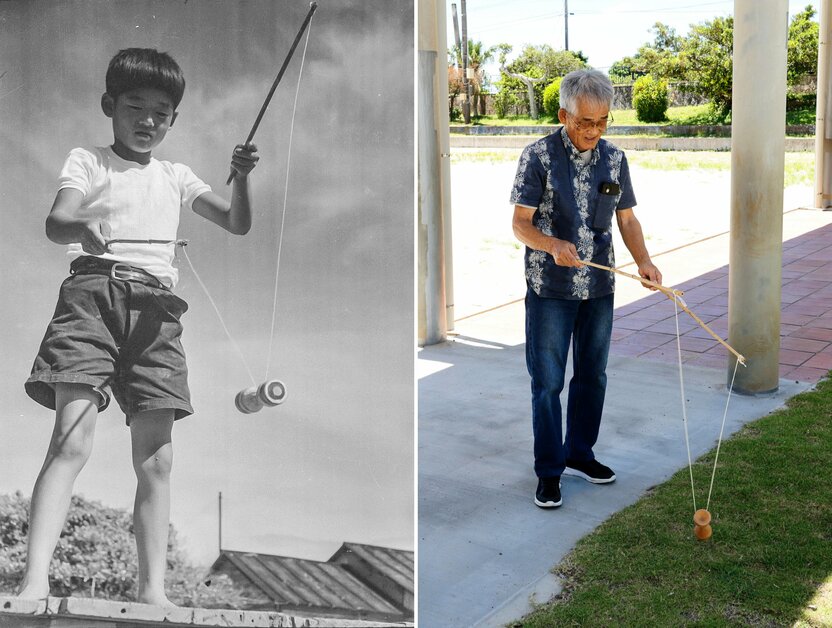 ビャーボールという郷土玩具を70年ぶりに操ってくれた（芳賀日向撮影）