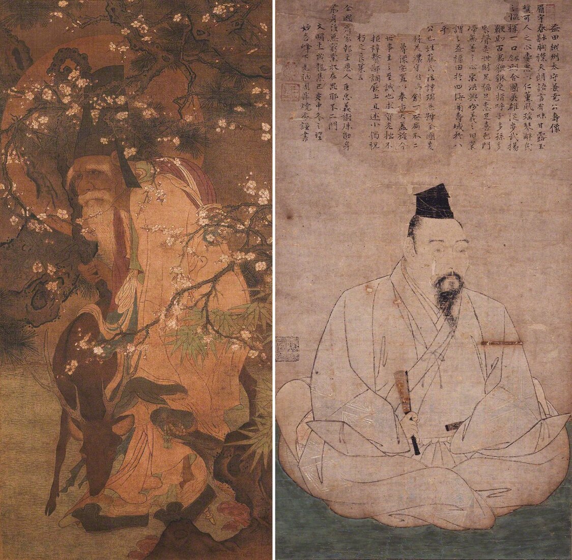 左图为《梅花寿老图》（东京国立博物馆藏，ColBase）；右图为《益田兼尧像》（益田市立雪舟之乡纪念馆藏）。均为日本重要文化遗产