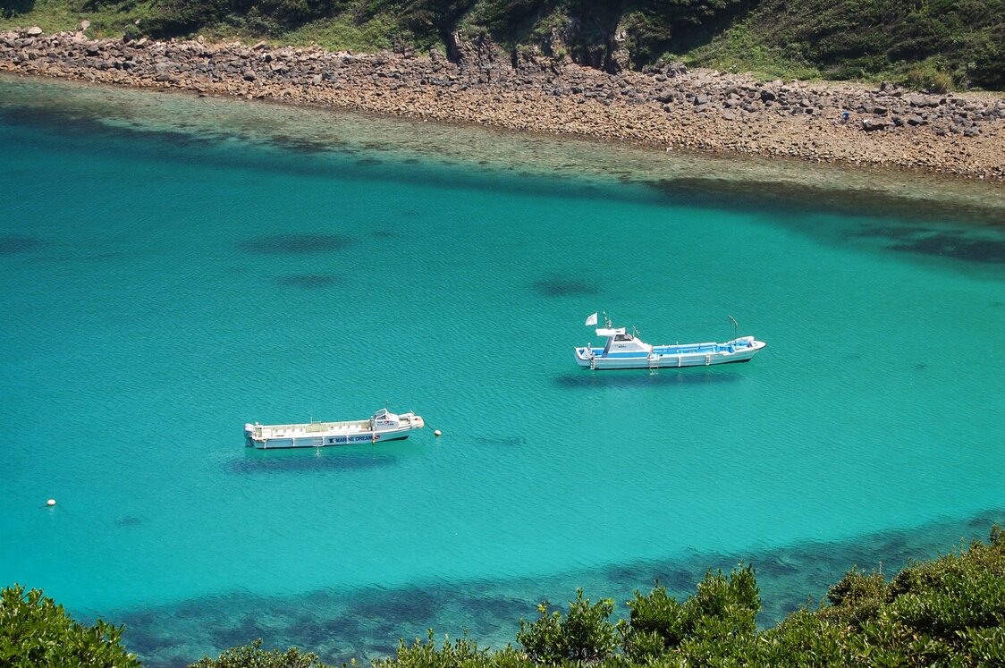 The crystal-clear waters of Kashiwajima gained social media fame with this photo of boats seemingly suspended in space. (Courtesy Kōchi Visitors and Convention Association)