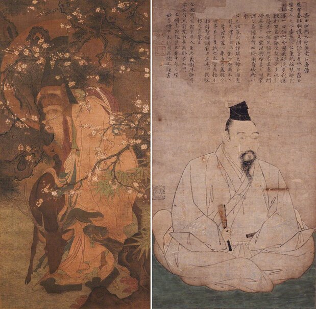 左图为《梅花寿老图》(东京国立博物馆藏,ColBase);右图为《益田兼尧像》(益田市立雪舟之乡纪念馆藏)。均为日本重要文化遗产