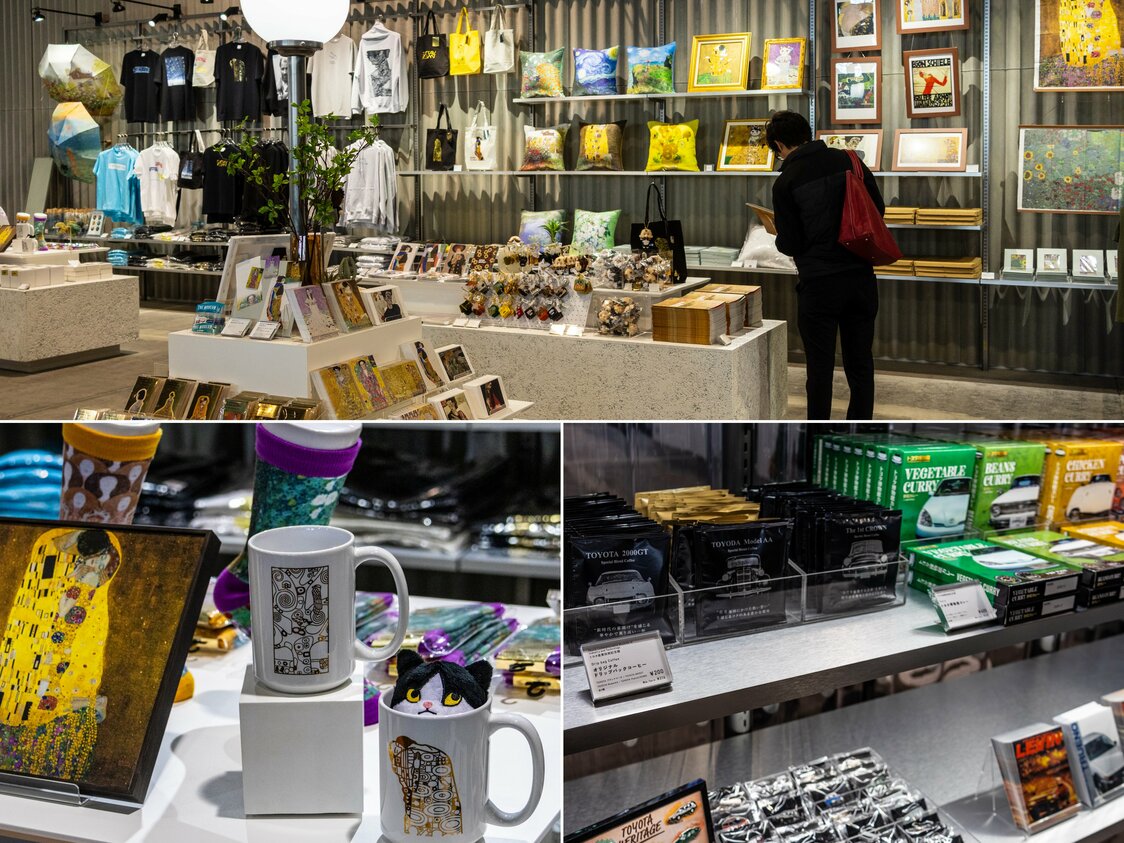 纪念品商店内除了有MOVEUM展览限定的克里姆特和席勒周边外，还有以丰田名车为包装设计的商品