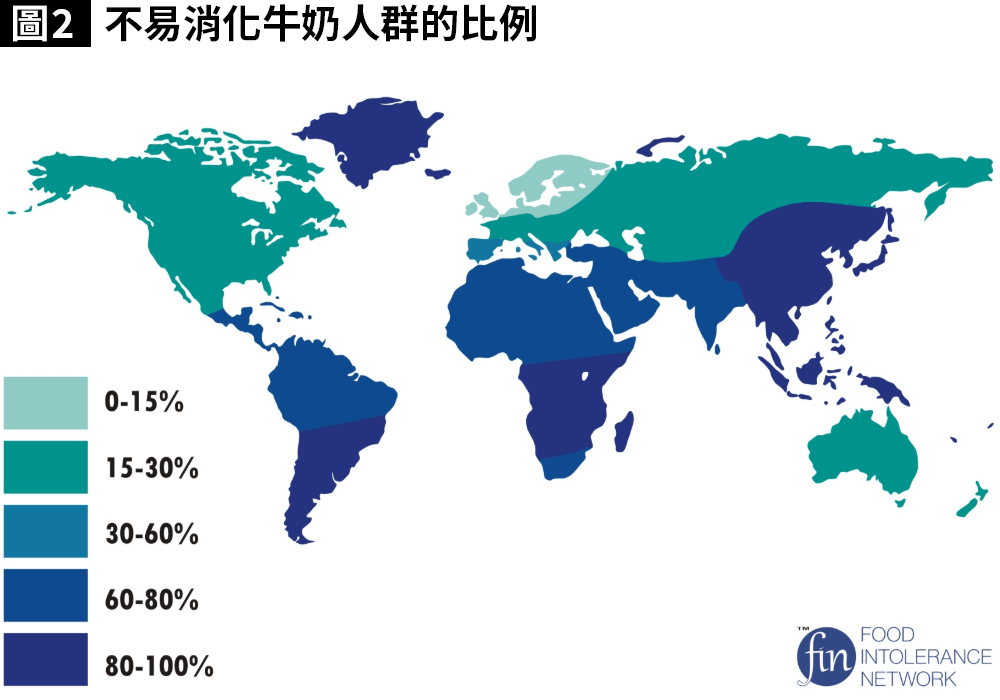 牛奶消化能力有人種差異。顏色越深的地區，表示不易消化牛奶的人越多