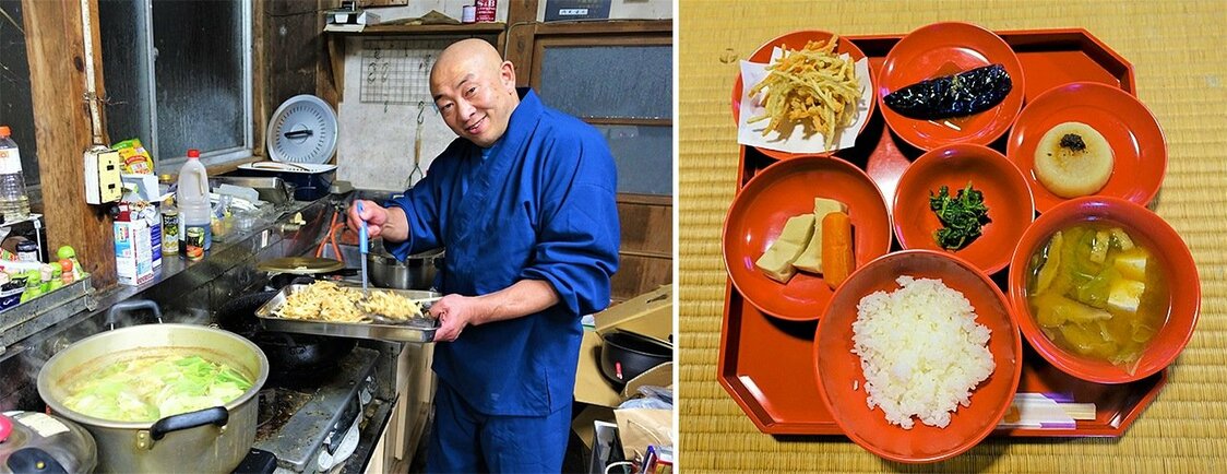浅見住職は35歳でサラリーマンを辞めて仏門に入り、京都妙心寺で修行を積んだ。精進料理は朱塗りの器で。一番人気は、薄いみそ仕立ての大陽寺風けんちん汁