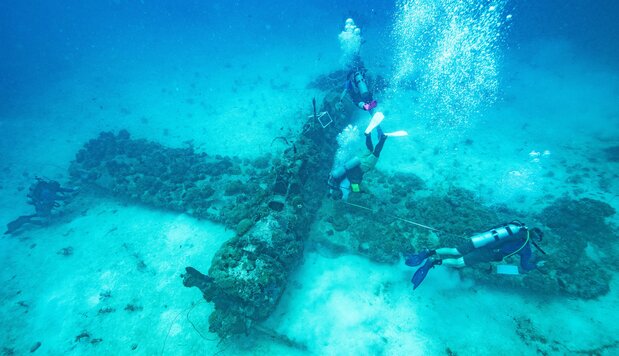 An Aichi E13A float plane sunk during World War II is among the attractions for divers who flock to Chuuk’s waters. (© Julian Ryall)