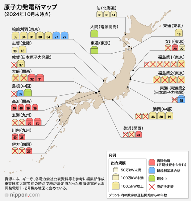 原子力発電所マップ(2024年10月末時点)