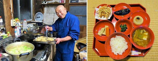 浅見住職は35歳でサラリーマンを辞めて仏門に入り、京都妙心寺で修行を積んだ。精進料理は朱塗りの器で。一番人気は、薄いみそ仕立ての大陽寺風けんちん汁