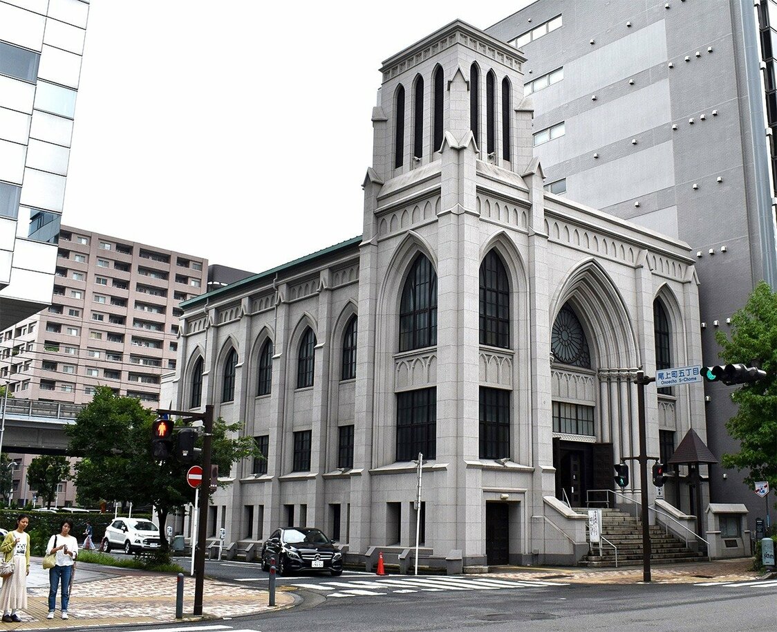 La iglesia de Silo, en el barrio de Onoe-chō (distrito de Naka, Yokohama), construida gracias a los esfuerzos de James Curtis Hepburn. (Fotografía tomada por el autor del artículo el 9 de septiembre de 2023)