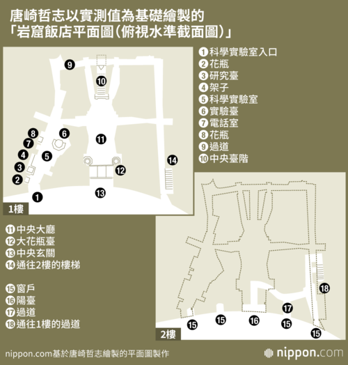 唐崎哲志以實測值為基礎繪製的「岩窟飯店平面圖(俯視水準截面圖)」