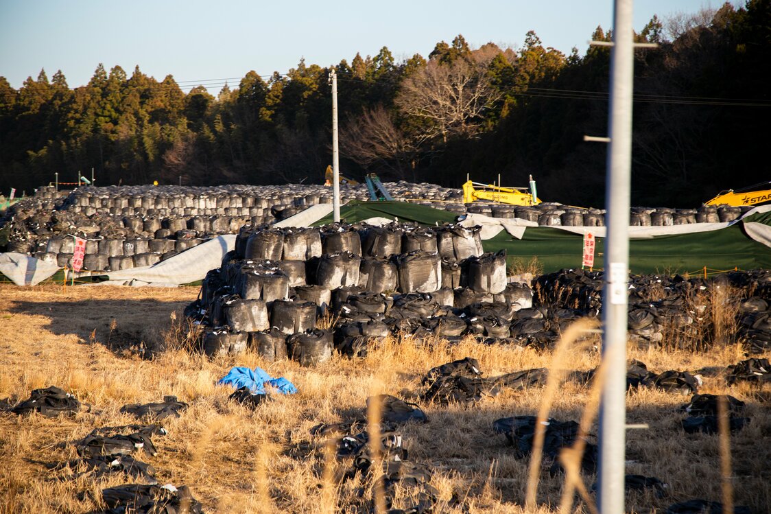 「しまむら」の道路を挟んで向かい側には、除染廃棄物とみられる大量のフレコンバッグが積み上げられていた
