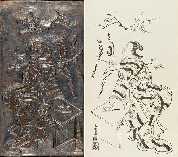 浮世绘版木《梅下美人》，这是一块浮世绘木刻版，仅图无文。留存至今，弥足珍贵（图片：ColBase）