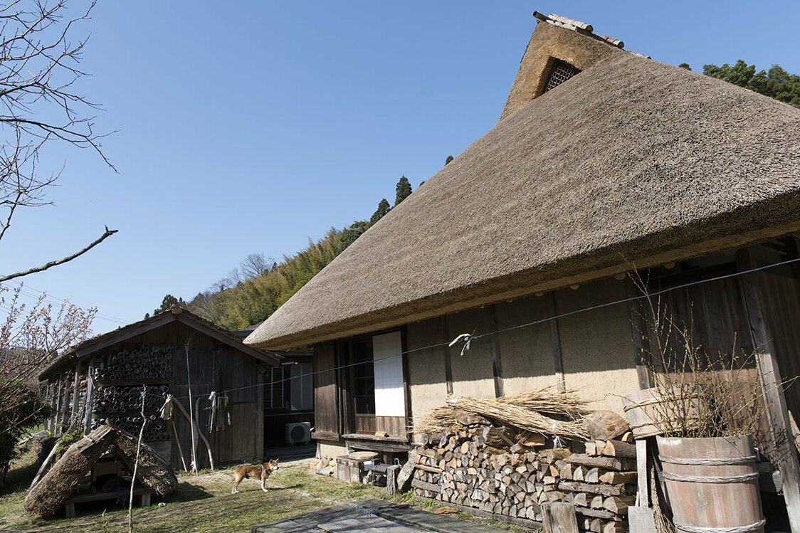 「石見銀山生活文化研究所」本社。敷地内には堂々たる茅葺家屋があり、その庭先で社員の飼う犬がのんびりと陽を浴びている