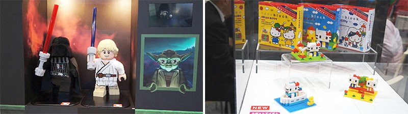 Avec leurs 4mm de côtés, les nanoblocs de Kawata Co., Ltd, sont les plus petits blocs du monde pour jeux de construction. Parmi les ambassadeurs de la marque figurent également des personnages comme Hello Kitty (à droite) et divers visages célèbres de la collection Lego (à gauche).