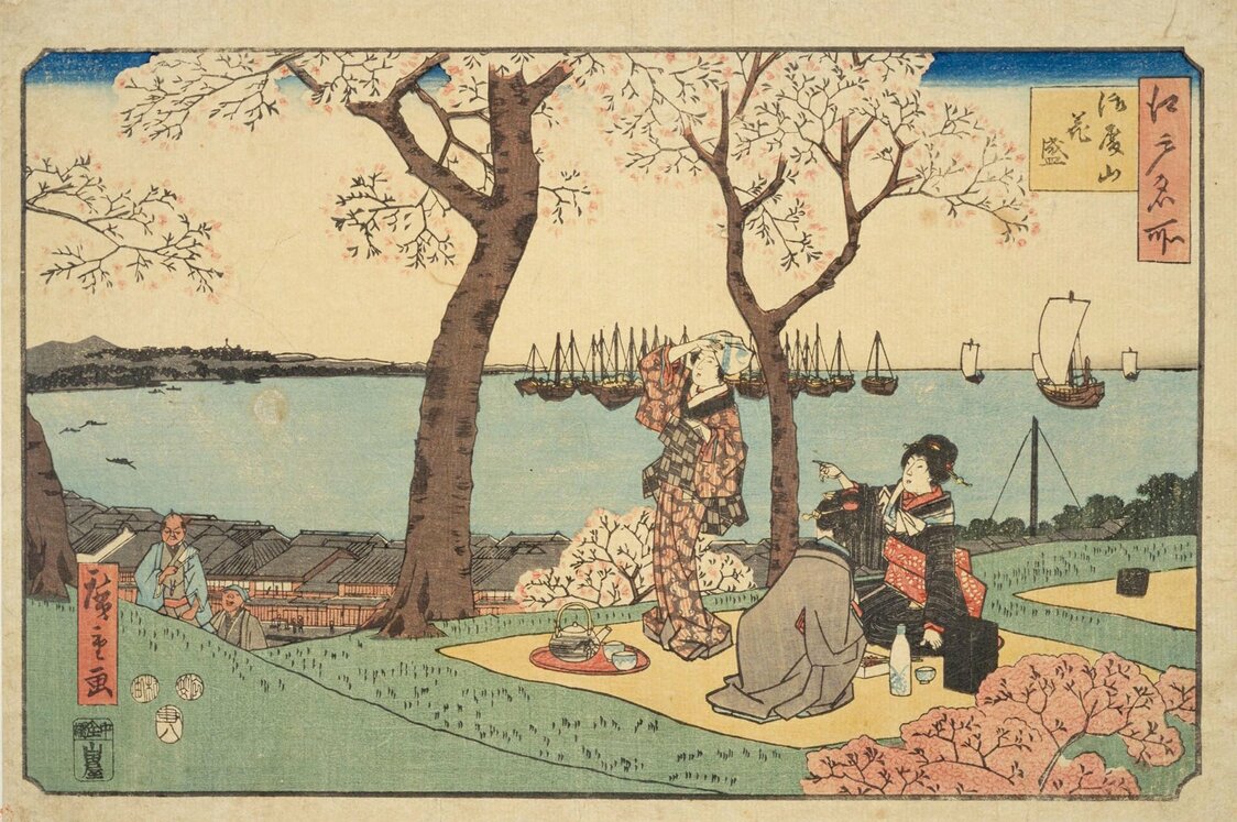 土取場になる前の御殿山を、広重が描いた「江戸名所　御殿山花盛」（国会図書館所蔵）