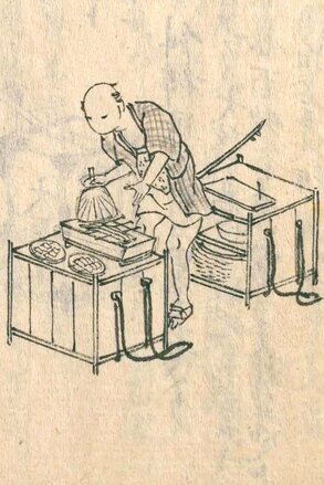 Vendedor de anguilas al kabayaki, salsa que lleva como ingrediente mirin. Sexto volumen de Morisada mankō. (Propiedad de la Biblioteca Nacional de la Dieta)