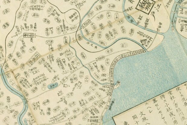 1825(文政8)年作成の『東都近郊図』(国会図書館蔵)を、北を上にして、江戸城から池上本門寺付近まで切り抜いた。中央左下の千束池の上に「日蓮ケサカケ松」の文字も見える。田町から白金台町、中延を通る道が当時の相州中原道