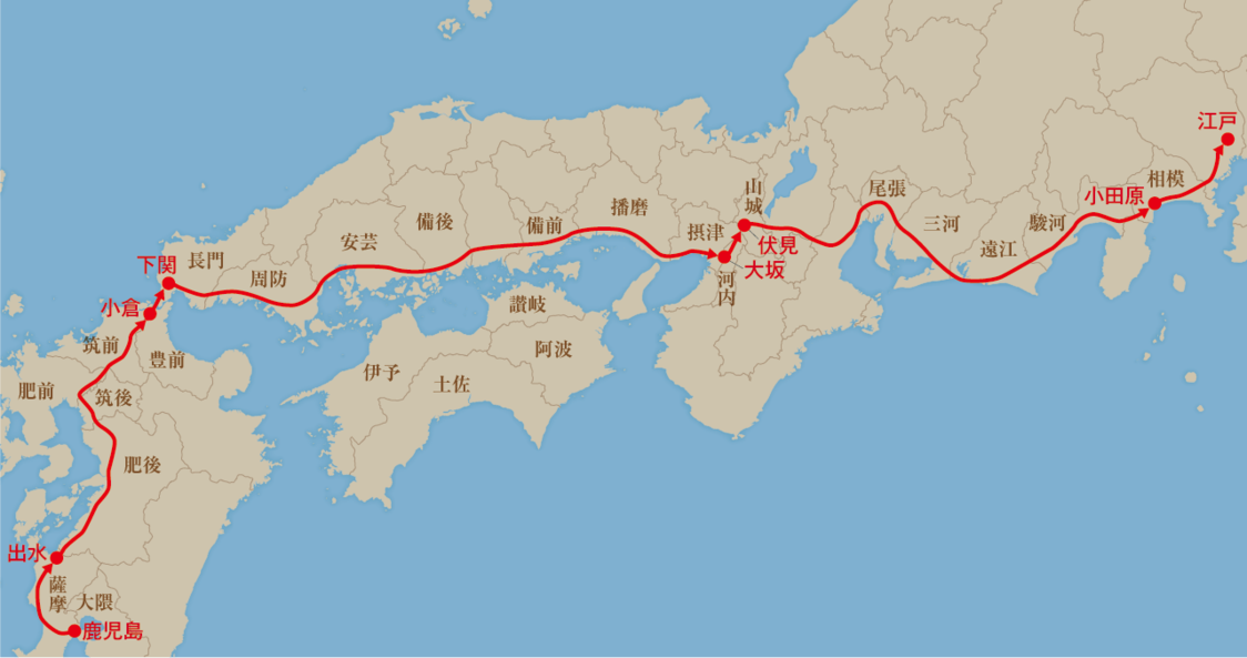 嘉永5年8月23日〜10月9日の薩摩藩参勤ルート。47泊48日の長旅であり、江戸時代300諸藩の中で最も過酷だったといえる  / 『参勤交代と大名行列』（洋泉社）を基に作成