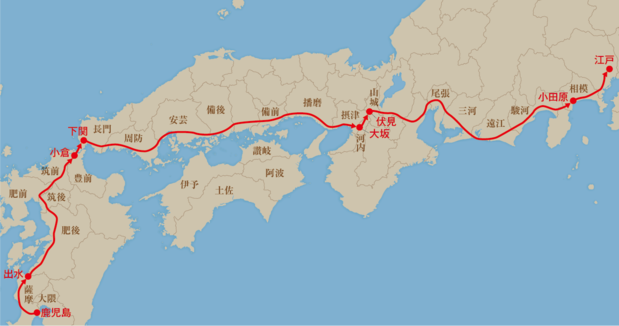 嘉永5年8月23日〜10月9日の薩摩藩参勤ルート。47泊48日の長旅であり、江戸時代300諸藩の中で最も過酷だったといえる / 『参勤交代と大名行列』(洋泉社)を基に作成