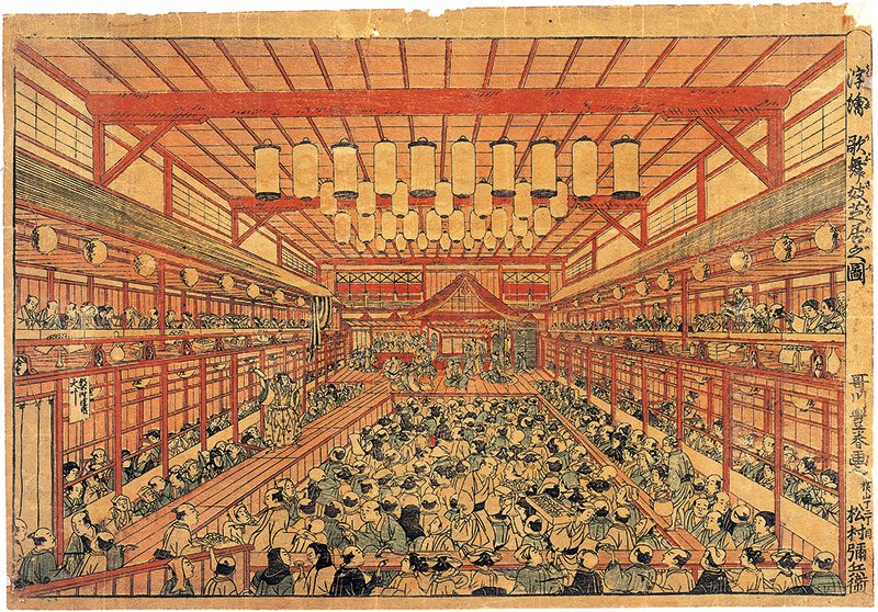 浮絵　歌舞妓芝居之図　歌川豊春画　大判錦絵　江戸時代/明和6年(1769)11月頃　奈良県立美術館蔵　＊画像の無断転載禁止