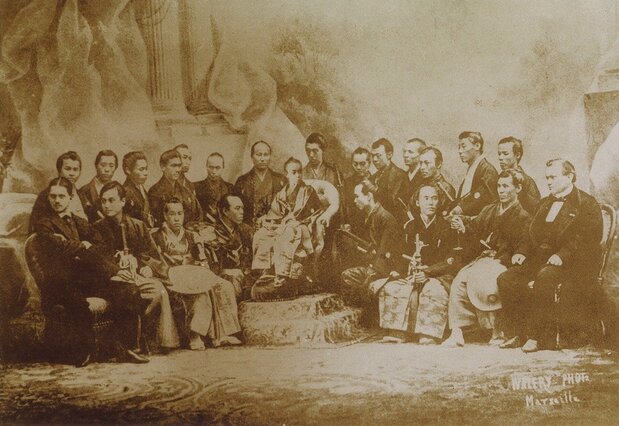 The group who traveled to the Paris International Exhibition in 1867. Shibusawa Eiichi is to the far left of the back row. (Courtesy Shibusawa Memorial Museum, Kita, Tokyo)