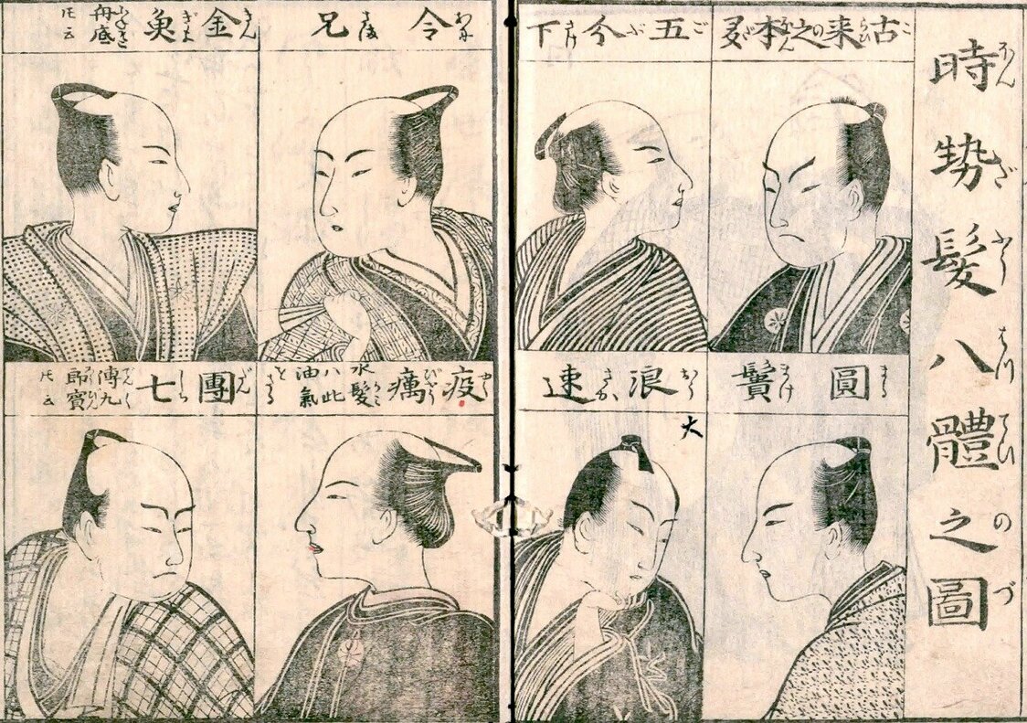 朋诚堂喜三二与恋川春町共同推出的《当世风俗通》中，介绍了当时年轻人的发型风尚（国立国会图书馆藏）