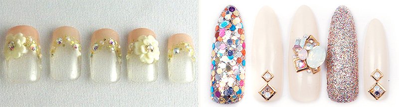 「ネイルサロン・デビュー」が結婚式、という女性は多い。ピンクや白をベースにパールや花をあしらった「ブライダル用チップ」も人気（左＝ネイルサロン「イノセント」）。ラインストーンやスタッズ、ラメを乗せたネイル　（右＝ネイルサロン「esNAIL」）