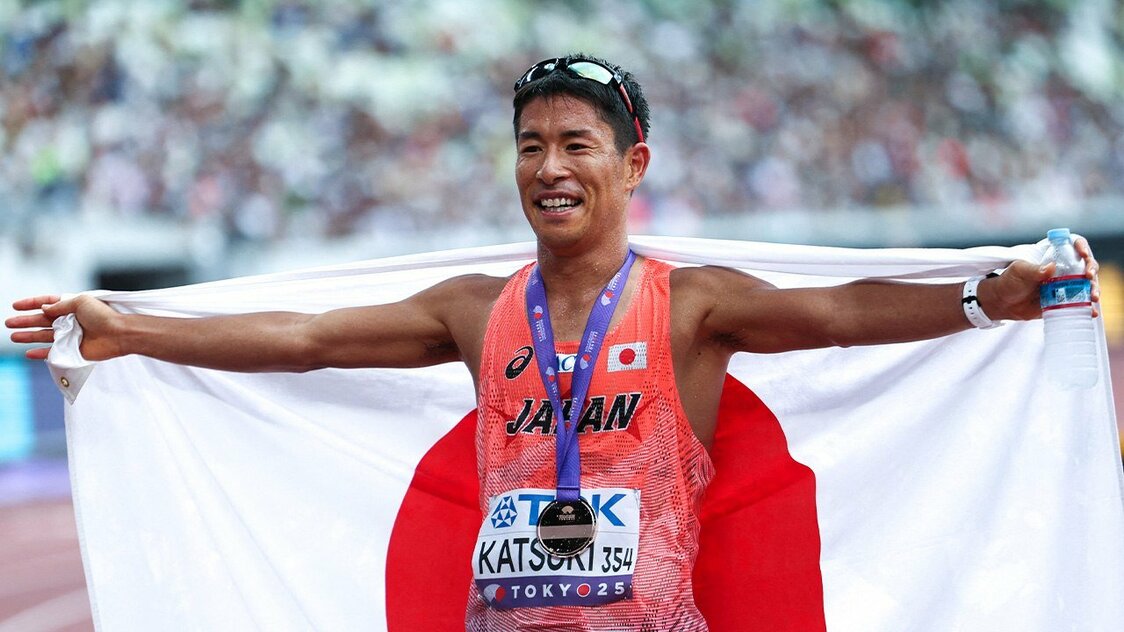 Katsuki Hayato après avoir remporté la troisième place, le 13 septembre 2025 © Reuters