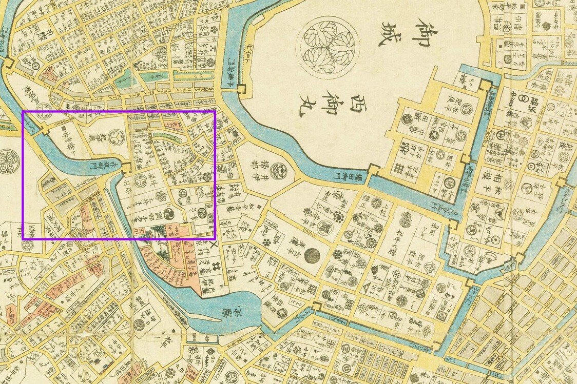 『安政改正御江戸大絵図』（1858国会図書館蔵）を、溜池が外堀の機能を持っていたことが分かるように切り抜いた
