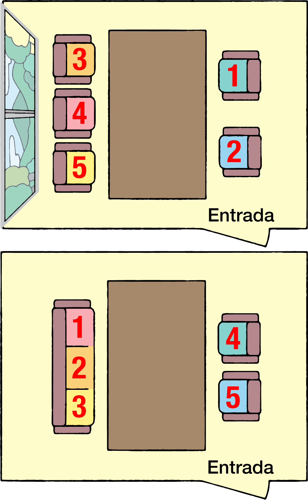 Arriba: se puede reservar un asiento con buena vista para los invitados aunque esté cerca de la entrada. Abajo: se usa un sofá incluso para un único invitado.