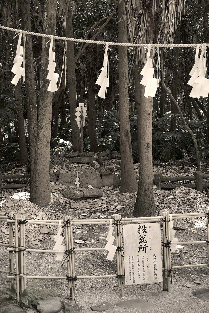 Nichée au sein d’un cercle de pierres, une divinité gît entre les arbres.