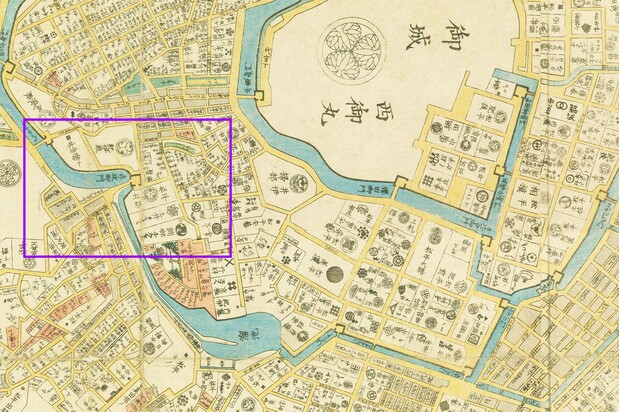 『安政改正御江戸大絵図』(1858国会図書館蔵)を、溜池が外堀の機能を持っていたことが分かるように切り抜いた