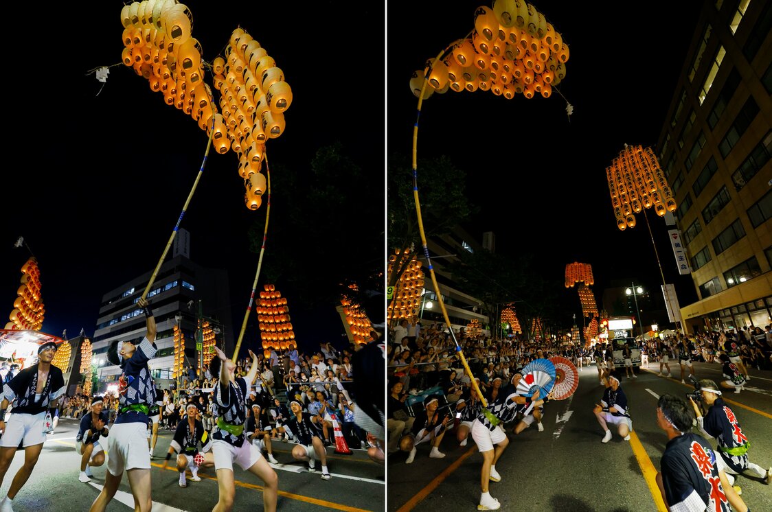 高手用挂着46个大灯笼的竿灯接连表演精湛技艺
