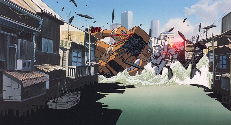 『機動警察パトレイバー 劇場版』(1989年) では、世紀末の東京を舞台に警視庁の「レイバー」（人間が搭乗して操縦するロボット）がアクションを展開する　(c)1989 HEADGEAR／BANDAI VISUAL／TOHOKUSHINSHA