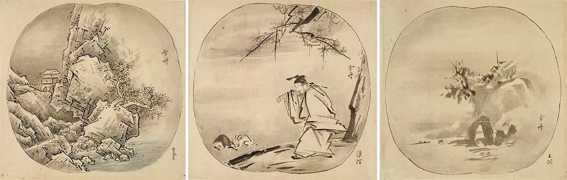 日本画家狩野常信的临本《流书手鉴》。每幅画的右下角都标注着南宋画家的名字，如“夏圭”“梁楷”“玉涧”等。雪舟在巧妙模仿这些画家画风的基础上，将其提升为独具“雪舟”特色的作品（东京国立博物馆藏，ColBase）