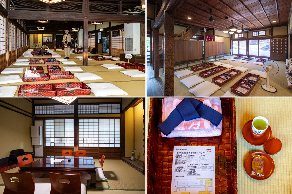 左上：神之汤二楼大厅，可容纳70人；右上：灵之汤二楼大厅，可容纳20人；左下：灵之汤三楼包间，共有8间可供使用；右下：本馆为使用包间休息室的客人提供租借浴衣和茶点服务，部分房间还备有租借毛巾