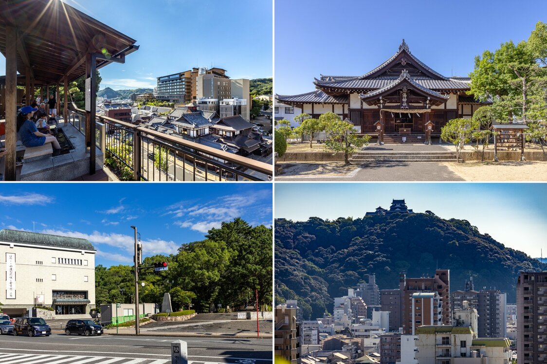 左上：从山丘上的足浴处可以俯瞰本馆；右上：供奉大国主神和少彦名神的“汤神社”；左下：道后公园坐落于中世的城址上，北门附近是正冈子规纪念博物馆；右下：从公园的观景台可以一览松山城和市区景色