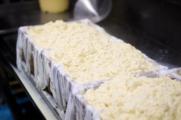 La pâte de tofu coagulé est placée dans des moules, le pressage du caillé après moulage permet de parfaire l’égouttage. (Pixta)