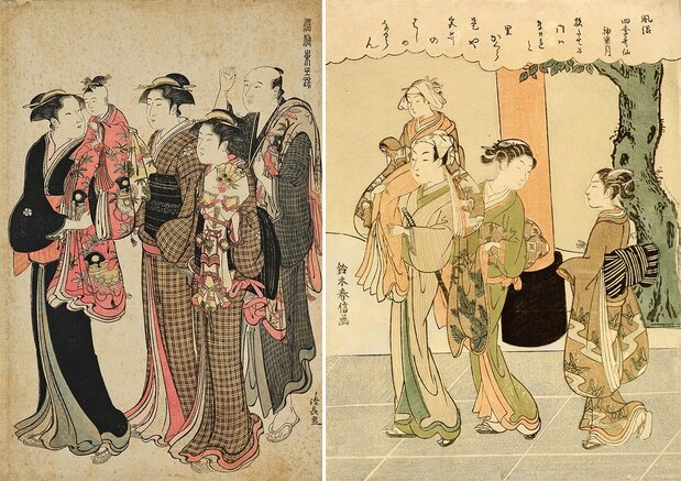 A la izquierda, kamioki en Brocados del Este; a la derecha, obitoki en Poemas de las cuatro estaciones. (fuente: ColBase)