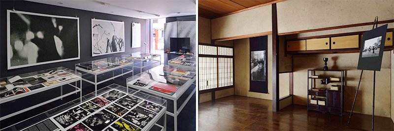 Japanese Photobooks Then and Now (left), featuring photobooks from the period following World War II until today, at the Asphodel event space in Gion. (Right) Eternal Japan 1951–52 Werner Bischof (right), an exhibit of photos by the Swiss photographer presented at Mumeisha, a Kyo-machiya, or Kyoto townhouse, built in 1909.
