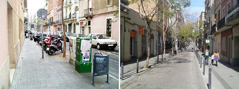 Calles de Gracia antes del proyecto de peatonalización (izquierda) y después (derecha).