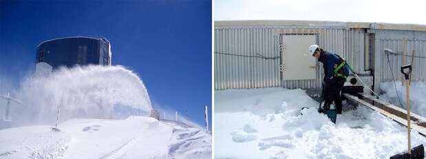 Left: A snow blower clears the access road around the observatory. Right: a native of Japan’s “snow country,” Hayashi is an old hand at shoveling snow off of rooftops. (Photos courtesy of Hayashi Saeko)