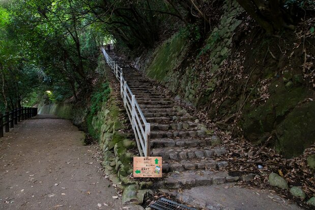 右邊的臺階是通往雄滝的近路。如果向左走,則要經過雌滝,再去雄滝