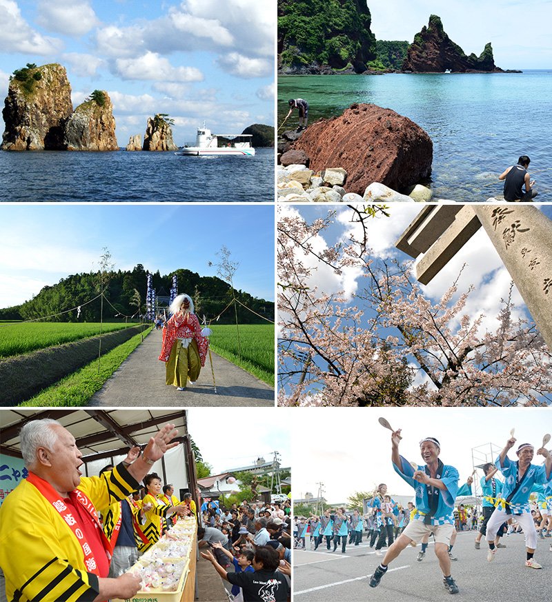 小さな島だが観光資源は豊かだ。上段: 三郎岩近くを航行する日本海初の半潜水型展望船「あまんぼう」（左）と夏季はキャンプと海水浴客でにぎわう明屋海岸（あきやかいがん）／中段: 後鳥羽上皇を祀（まつ）る隠岐神社（右）は桜の名所でもある。左は土着の神様・宇受賀命(うつかみこと) を祀る宇受賀命神社の夏の大祭り／下段: 8月のキンニャモニャ祭りは、海士町で最も親しまれている民謡の「キンニャモニャ」にのってしゃもじを両手にもって子どもから大人まで踊る町最大のイベント。山内道雄町長（左）が恒例のくじ入り餅投げを行う。